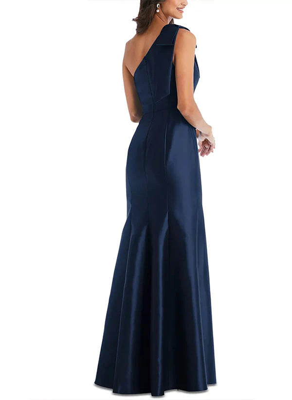 Dark Navy Satin One Shoulder A-Line Floor-Length Bridesmaid Dress