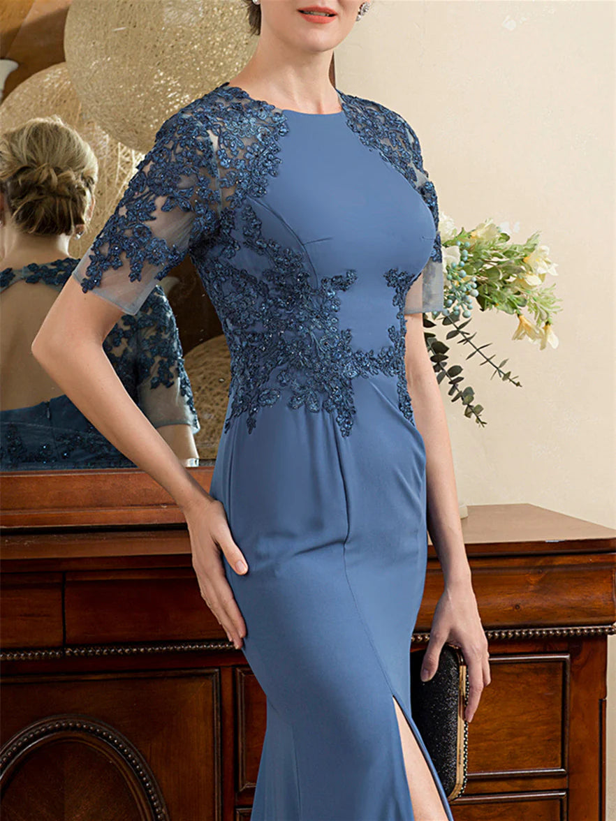 Dusty Blue Chiffon Sheath/column Floor-Length Dress with Boat Neck and Illusion Lace Bodice