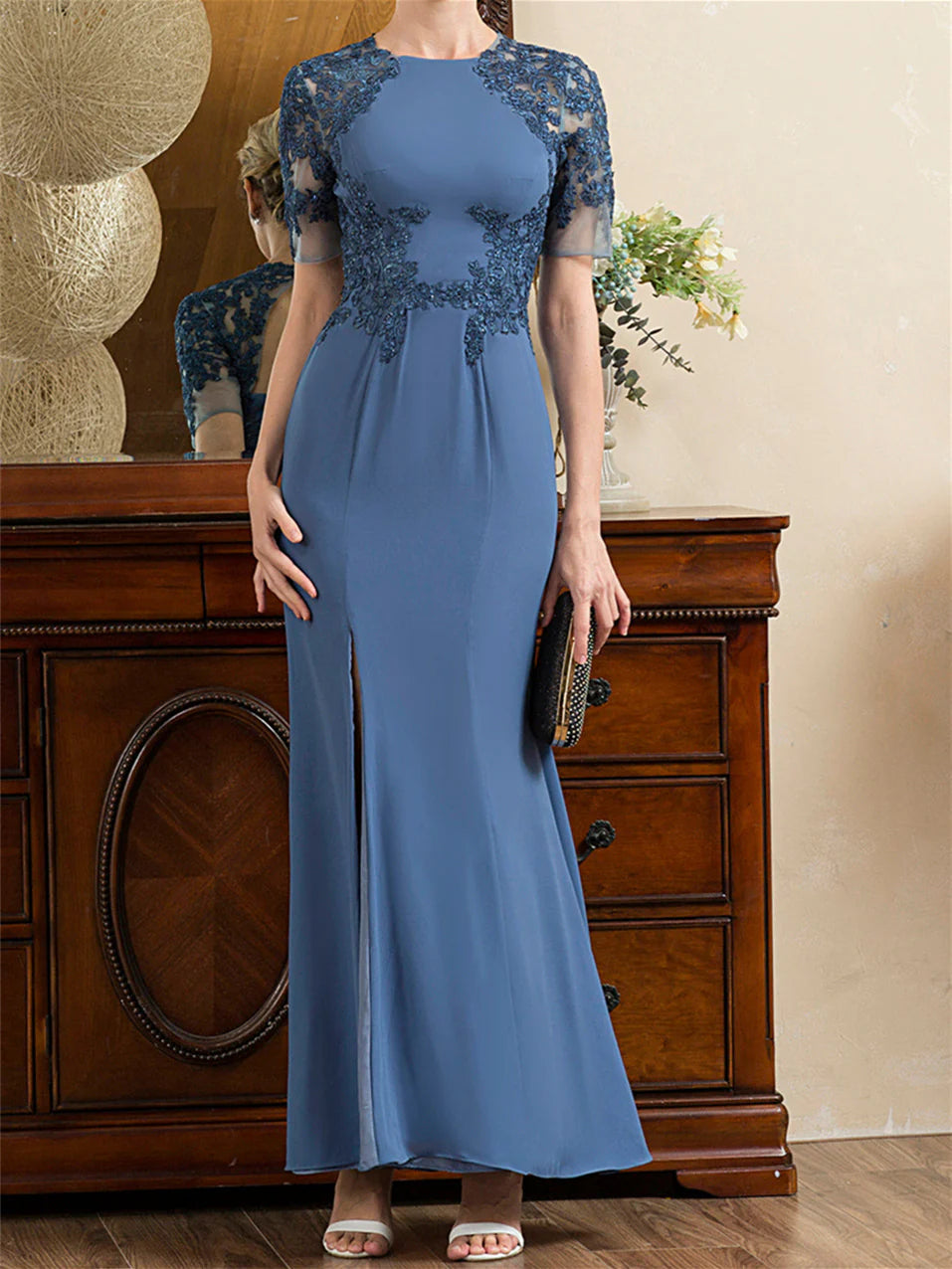 Dusty Blue Chiffon Sheath/column Floor-Length Dress with Boat Neck and Illusion Lace Bodice