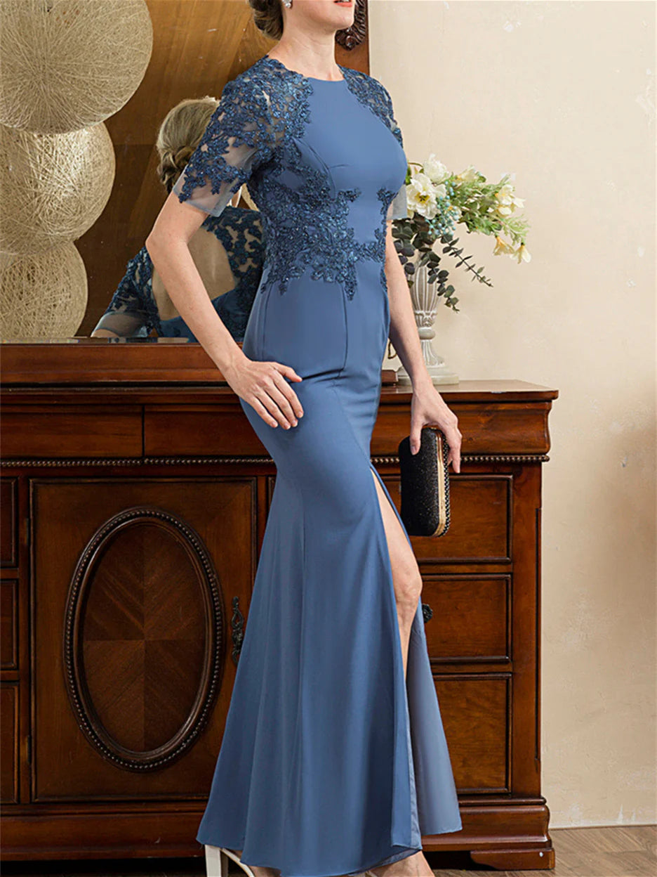 Dusty Blue Chiffon Sheath/column Floor-Length Dress with Boat Neck and Illusion Lace Bodice