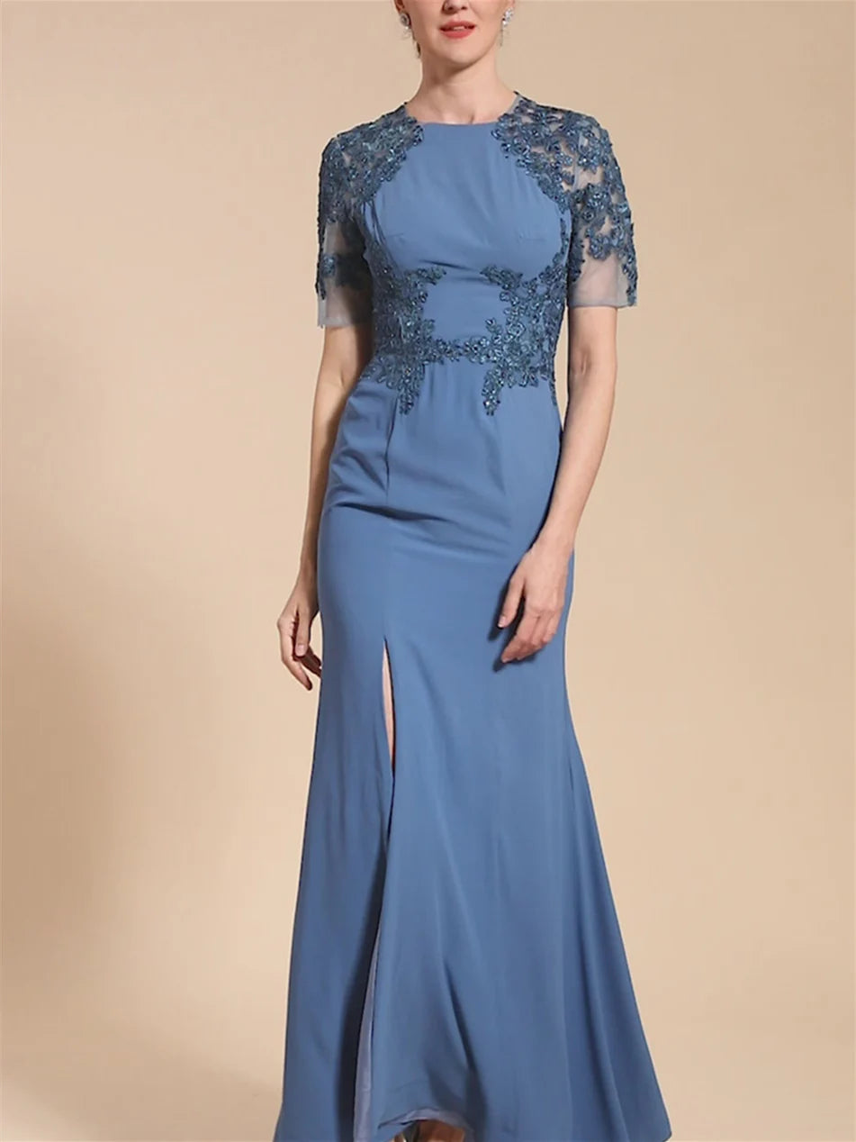 Dusty Blue Chiffon Sheath/column Floor-Length Dress with Boat Neck and Illusion Lace Bodice