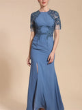 Dusty Blue Chiffon Sheath/column Floor-Length Dress with Boat Neck and Illusion Lace Bodice