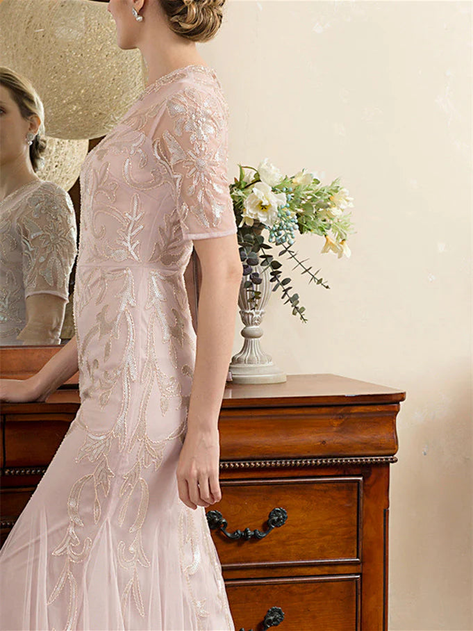 Abiti da madre della sposa con maniche a mezza manica e lunghezza alla caviglia, stile sirena/corno