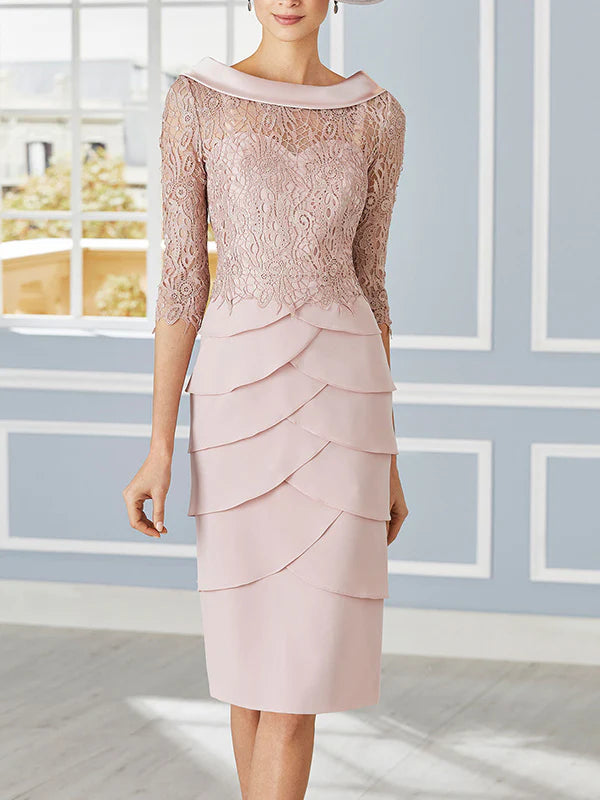 Vestido de encaje para madre de la novia, corte tubo/cilíndrico, escote redondo bajo, mangas 3/4 hasta la rodilla
