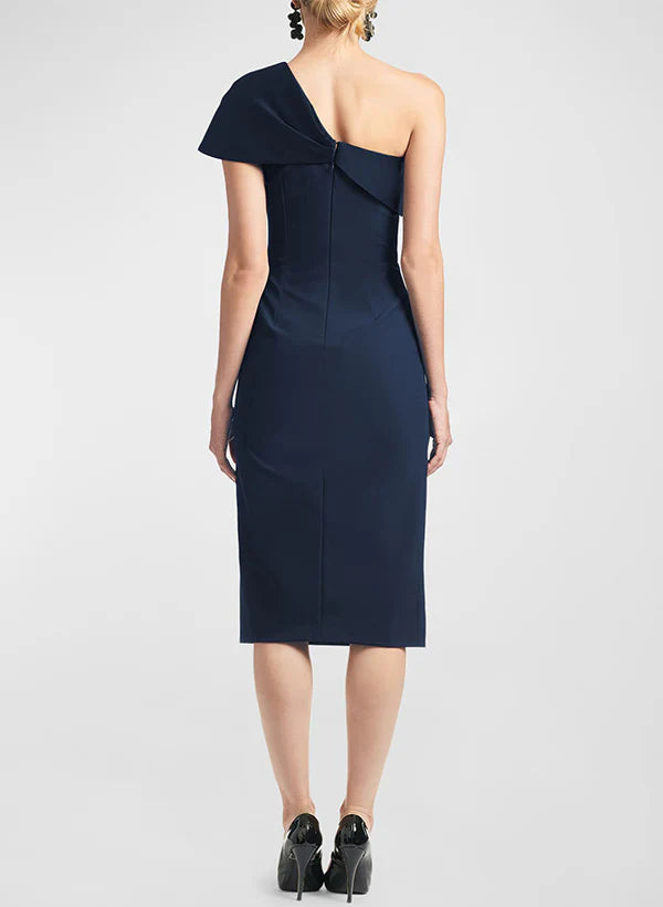 Vestido para madre de la novia, ajustado, de pierna recta, con un hombro al descubierto, sin mangas, largo hasta la rodilla y lazo.