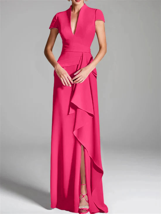 Vestido para madre de la novia de corte ajustado/columna, con escote en V hasta el suelo