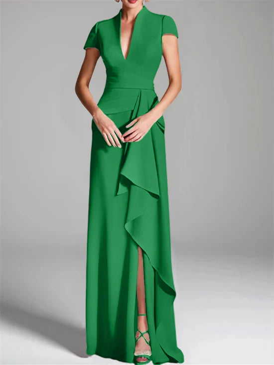 Vestido para madre de la novia de corte ajustado/columna, con escote en V hasta el suelo