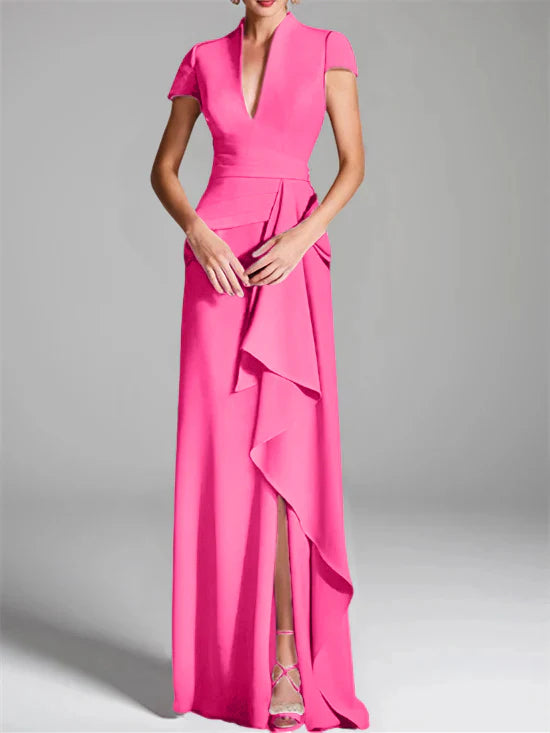 Vestido para madre de la novia de corte ajustado/columna, con escote en V hasta el suelo