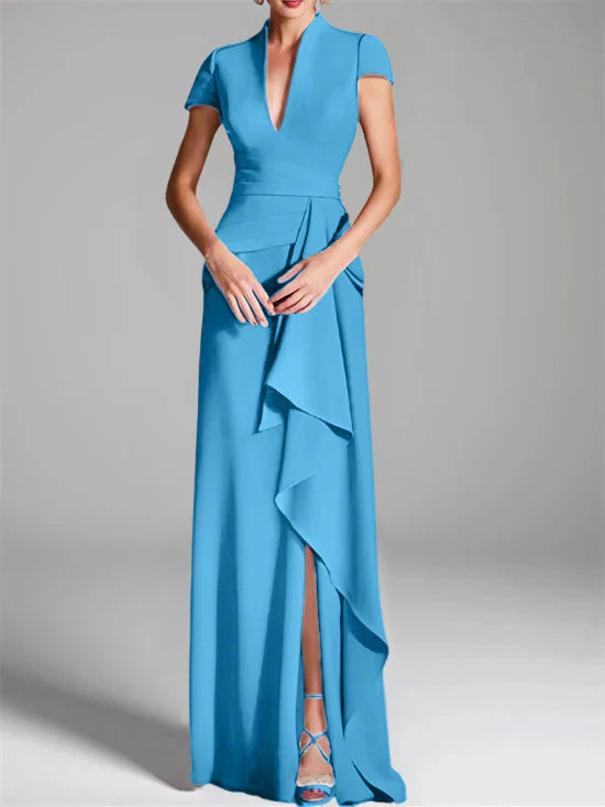 Vestido para madre de la novia de corte ajustado/columna, con escote en V hasta el suelo