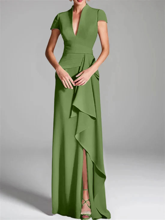 Vestido para madre de la novia de corte ajustado/columna, con escote en V hasta el suelo