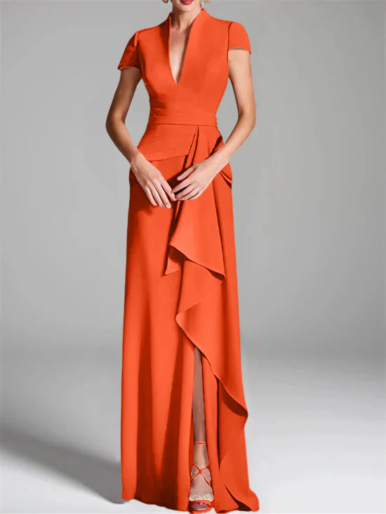 Vestido para madre de la novia de corte ajustado/columna, con escote en V hasta el suelo