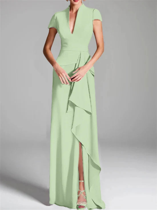 Vestido para madre de la novia de corte ajustado/columna, con escote en V hasta el suelo