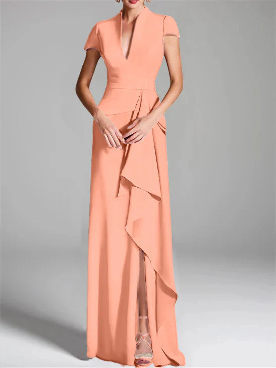 Vestido para madre de la novia de corte ajustado/columna, con escote en V hasta el suelo