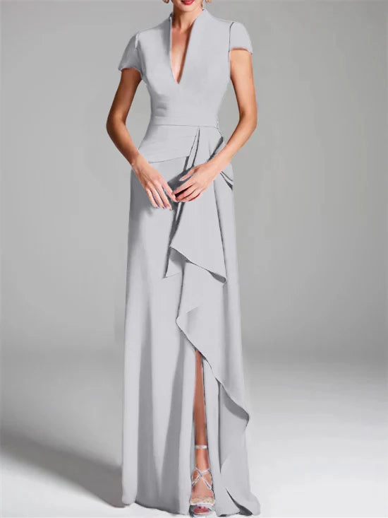 Vestido para madre de la novia de corte ajustado/columna, con escote en V hasta el suelo