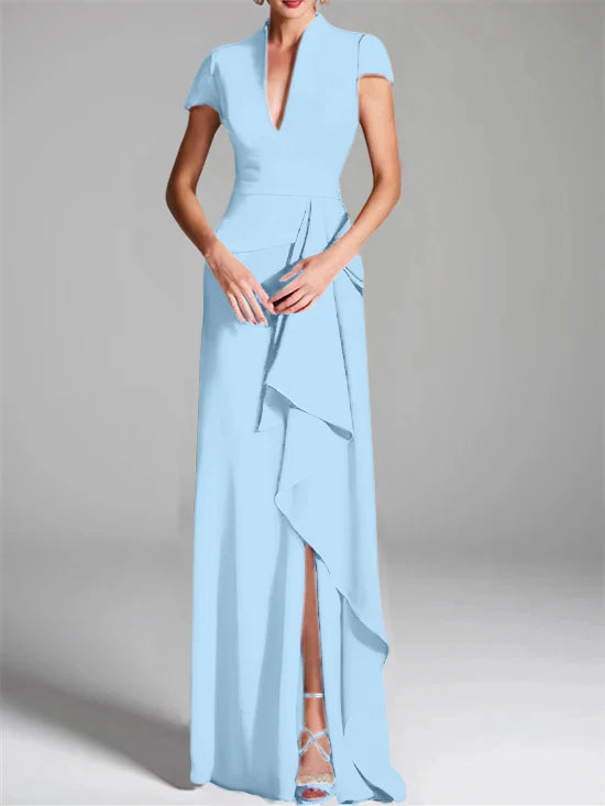 Vestido para madre de la novia de corte ajustado/columna, con escote en V hasta el suelo