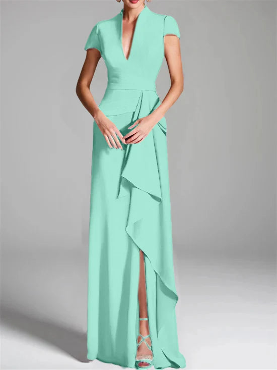 Vestido para madre de la novia de corte ajustado/columna, con escote en V hasta el suelo