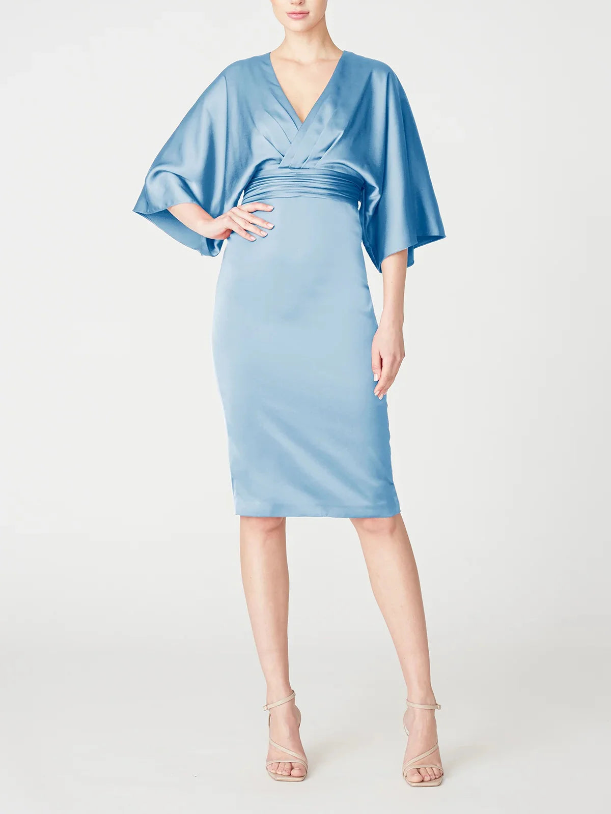Vestidos para madre de la novia de corte entallado/columna, escote en V, manga media hasta la rodilla con borde con volantes