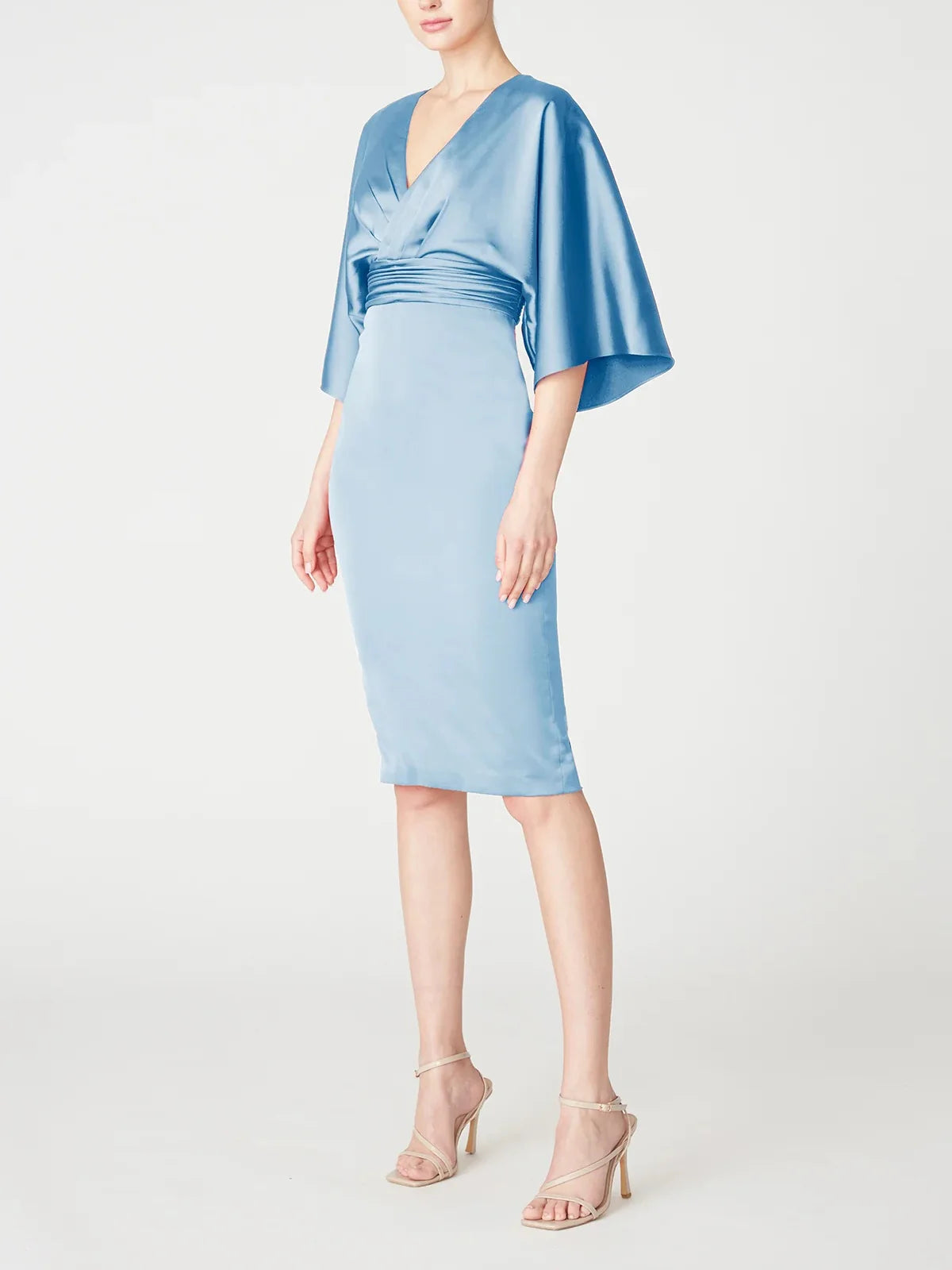 Vestidos para madre de la novia de corte entallado/columna, escote en V, manga media hasta la rodilla con borde con volantes