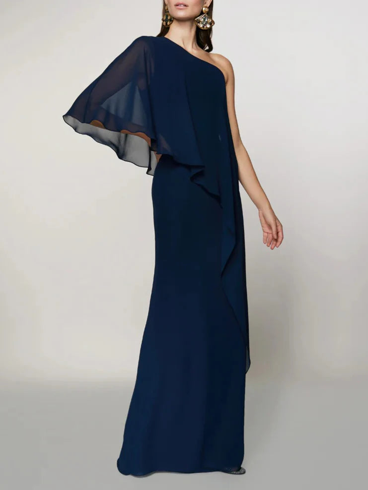 Vestidos de madre de la novia de corte A/princesa, un hombro, sin mangas, con vuelo hasta el suelo