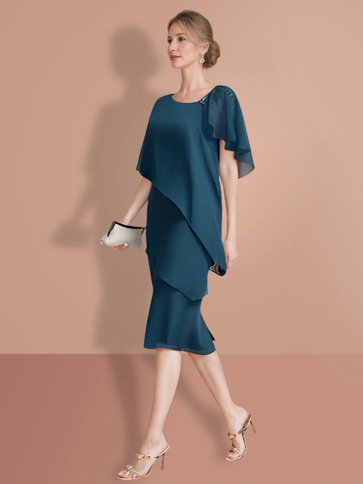 Vestidos de madre de la novia de manga corta, ajustados y cilíndricos, hasta la rodilla