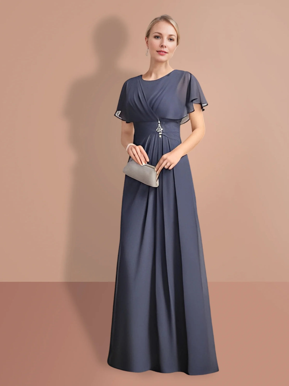 Abiti da madre della sposa a trapezio/principessa con maniche corte e scollo gioiello