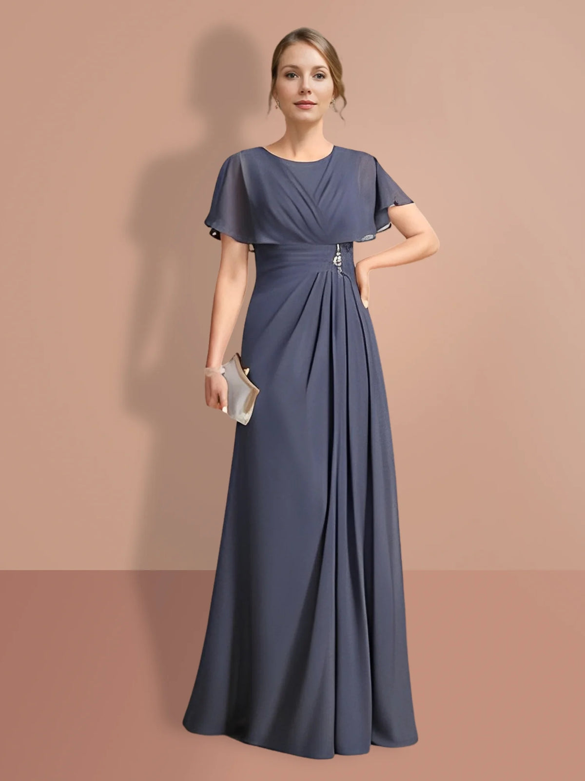 Abiti da madre della sposa a trapezio/principessa con maniche corte e scollo gioiello