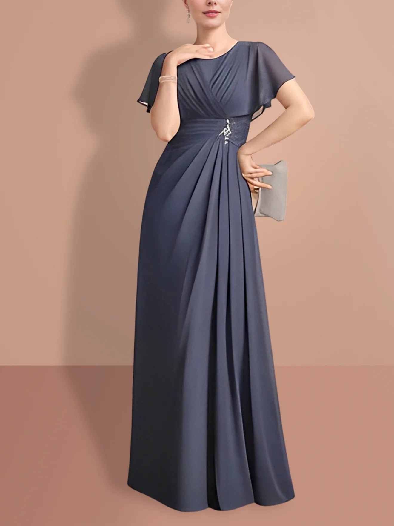 Vestidos de madre de la novia de corte A/princesa, manga corta, cuello joya