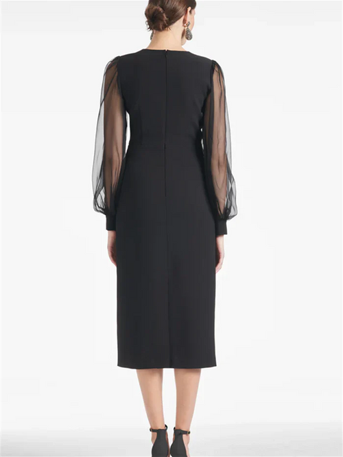 Black Crepe Midi Sheath/column with Embellished V-Neck & Sheer Puffed Sleeves