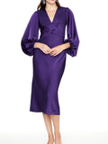 Plum Satin Sheath/column Midi Dress with V-Neck & Puff Sleeves