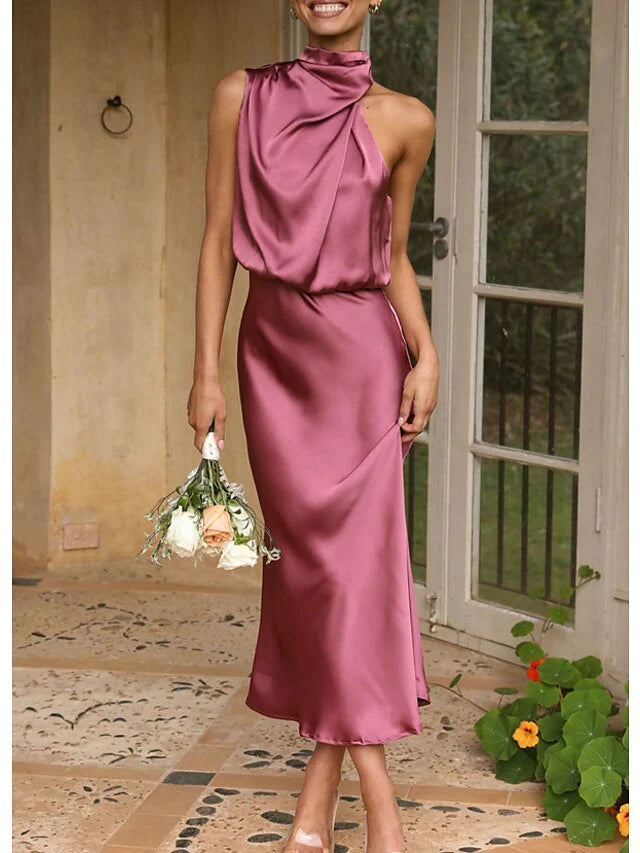 Vestido de fiesta minimalista de cuello alto con corte trompeta/cola de pez