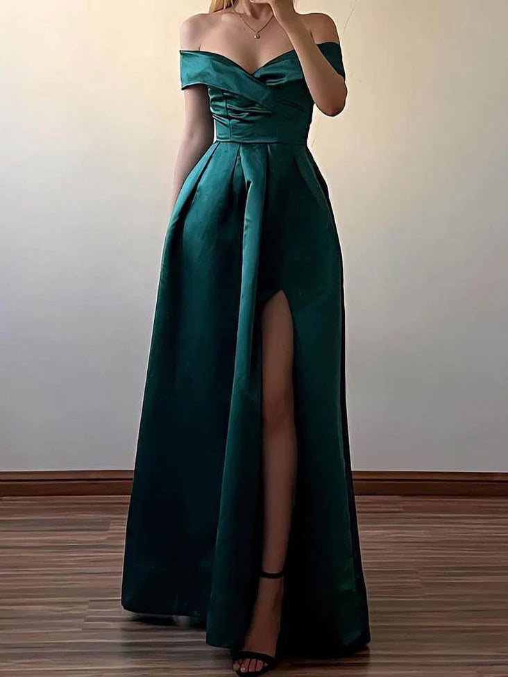 Vestido de fiesta largo con abertura y hombros descubiertos, corte princesa/A