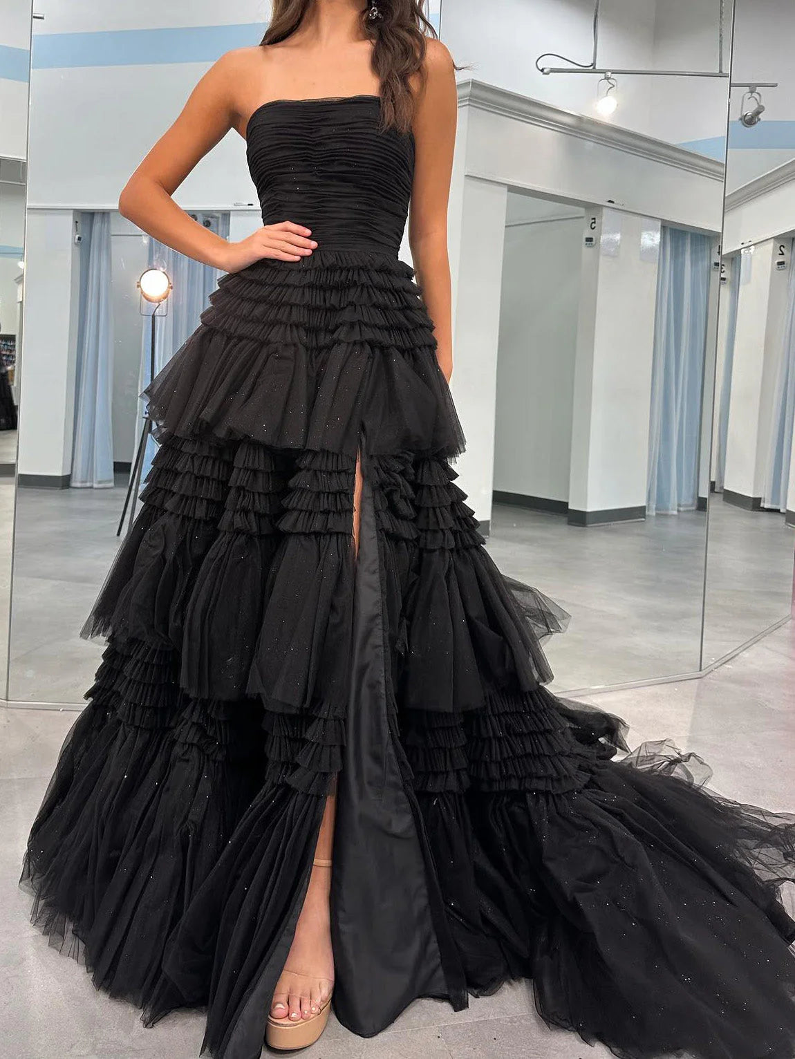 Vestido de fiesta largo brillante sin tirantes, corte princesa/corte A