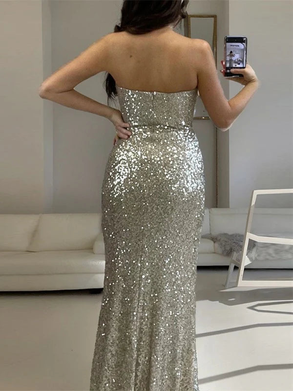 Silver Sequin One Shoulder Sheath/column Floor-Length Gown, Ruched Bodice & High Slit