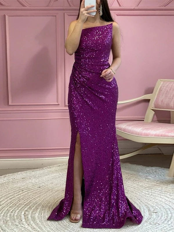 Silver Sequin One Shoulder Sheath/column Floor-Length Gown, Ruched Bodice & High Slit
