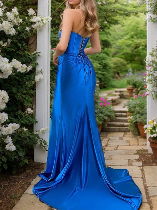 Side slit tight fitting/straight leg strapless prom dress