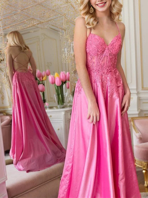 Pink Satin A-Line Floor-Length Bridesmaid Dress with Sweetheart Neckline and Lace Bodice