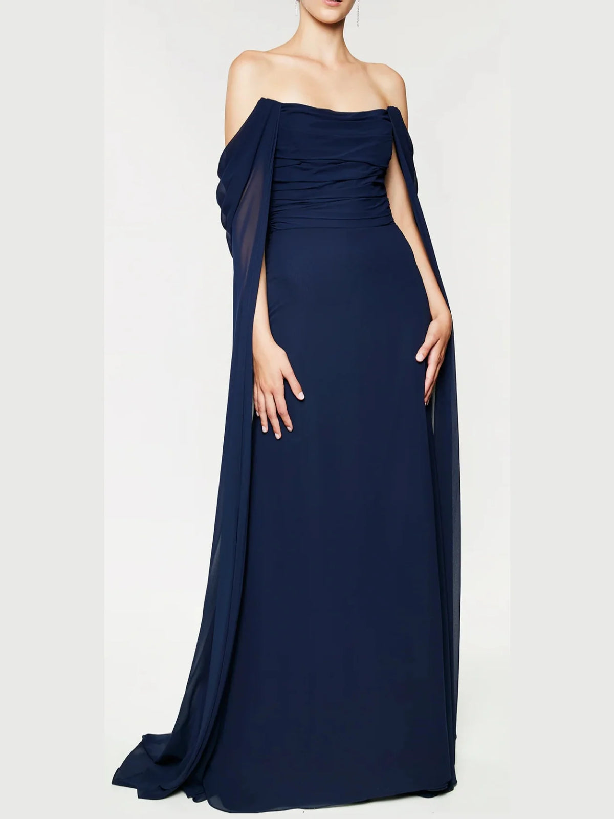 Dark Navy Chiffon Off-the-Shoulder A-Line Floor-Length Dress with Draped Bodice and Cape Sleeves