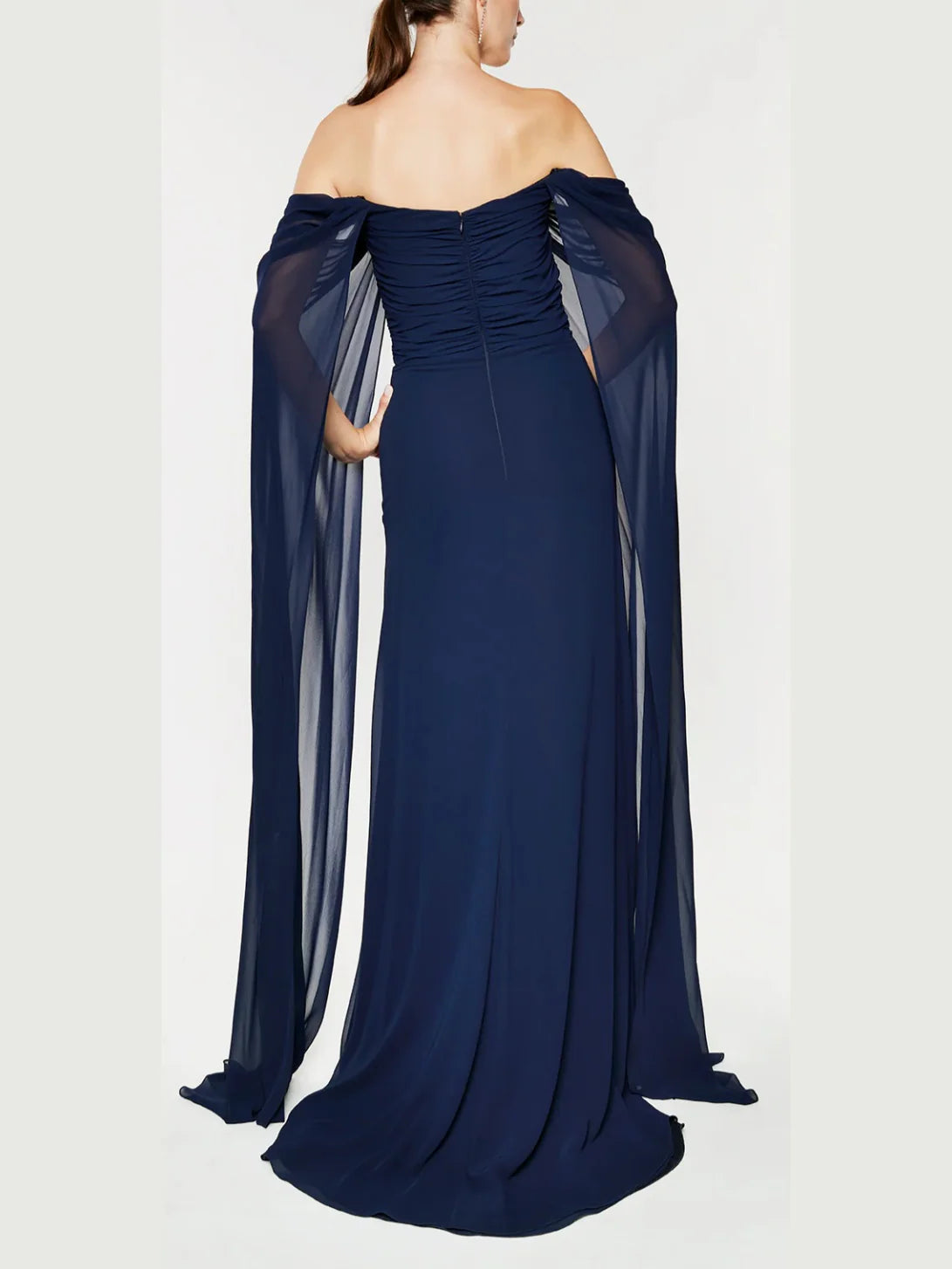 Dark Navy Chiffon Off-the-Shoulder A-Line Floor-Length Dress with Draped Bodice and Cape Sleeves