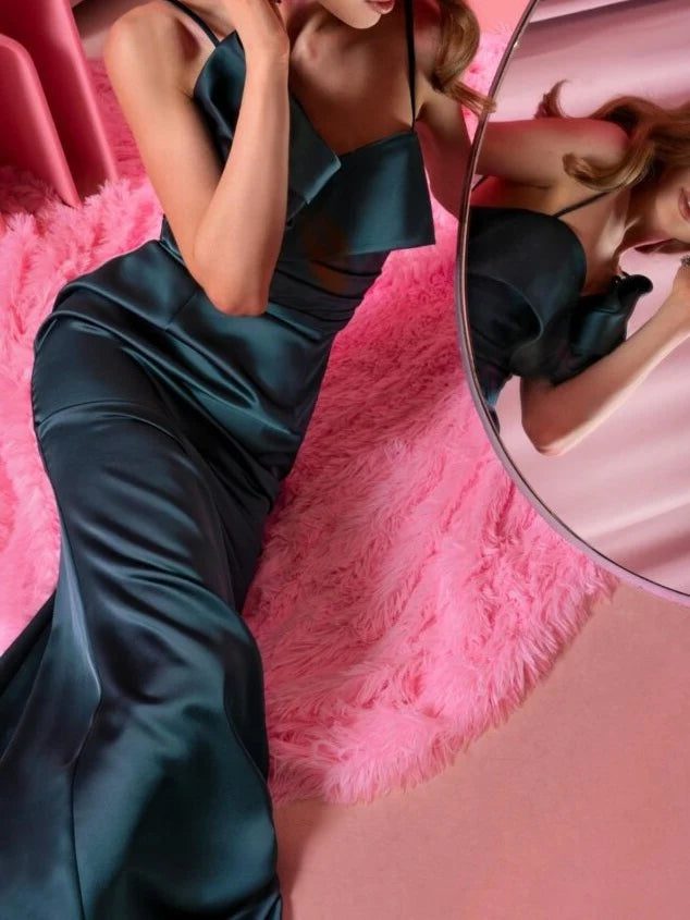 Vestido de noche ajustado/de tubo recto con tirantes finos, borde con volantes, sin mangas y con fondo