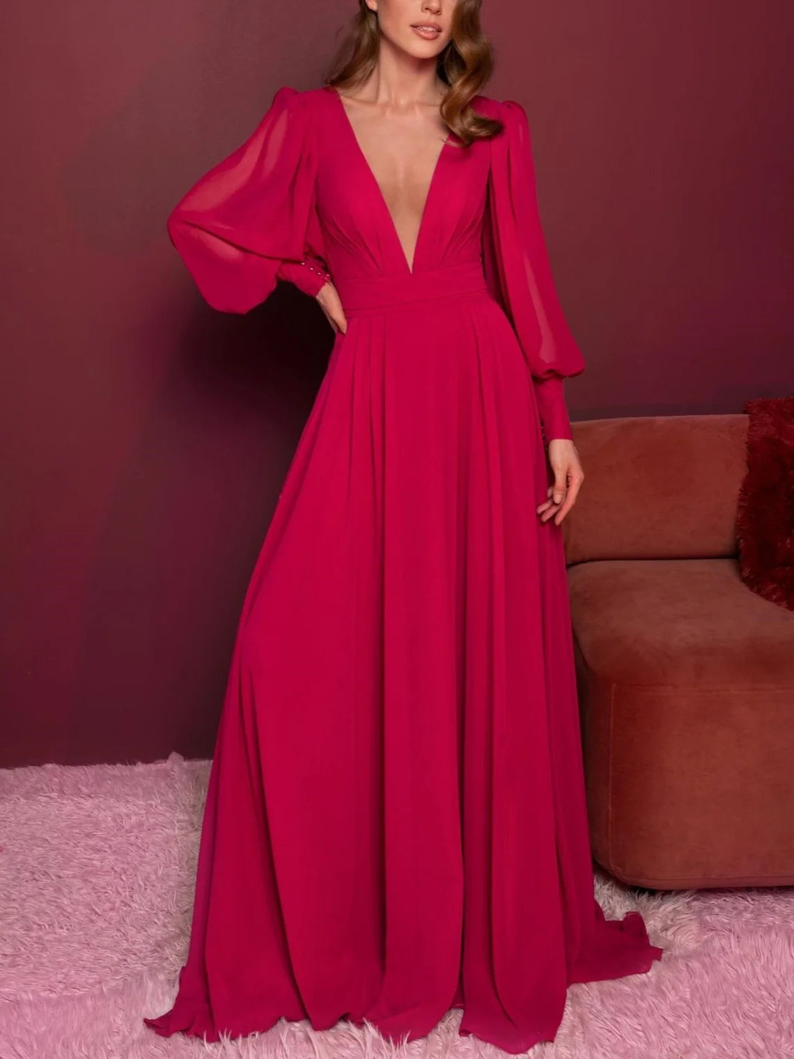 Pink Chiffon A-Line Floor-Length V-Neck Gown with Voluminous Sleeves