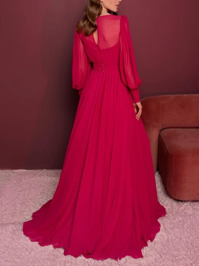 Pink Chiffon A-Line Floor-Length V-Neck Gown with Voluminous Sleeves