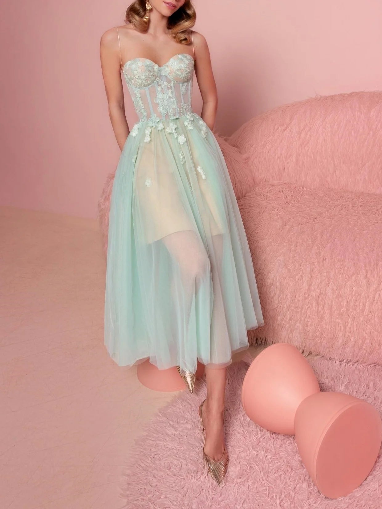 Mint Green Tulle A-Line Sweetheart Tea-Length Evening Dress