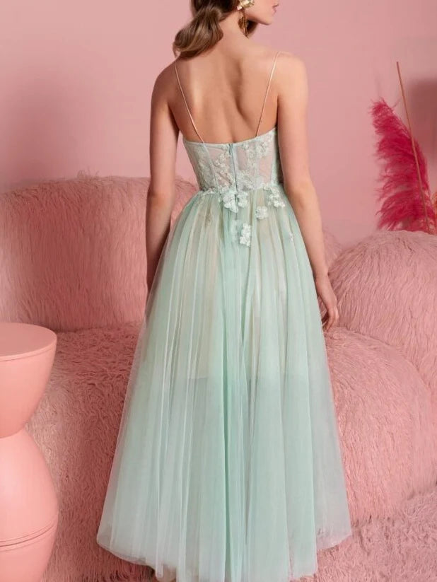 Mint Green Tulle A-Line Sweetheart Tea-Length Evening Dress