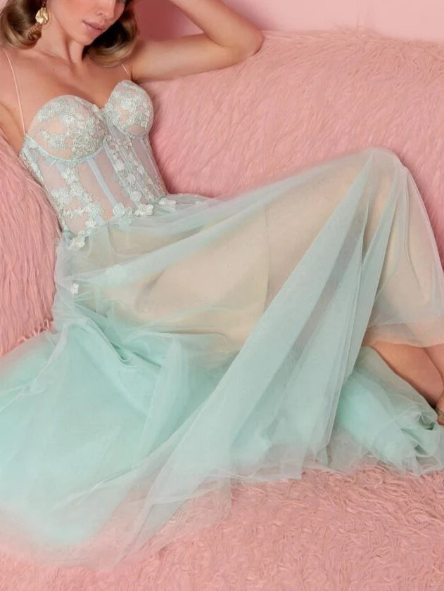 Mint Green Tulle A-Line Sweetheart Tea-Length Evening Dress