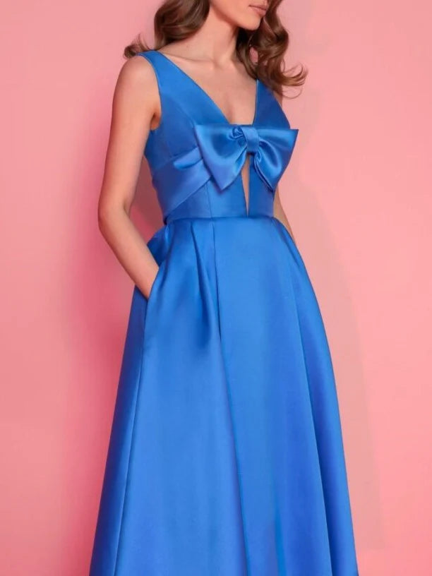 Blue Satin A-Line Tea-Length Evening Dress with V-Neck and Structured Bow