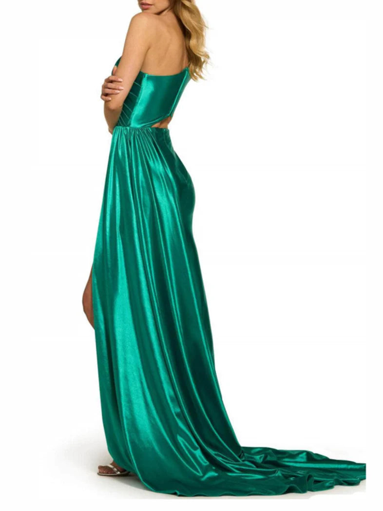 Side slit fishtail/flared off shoulder evening dress