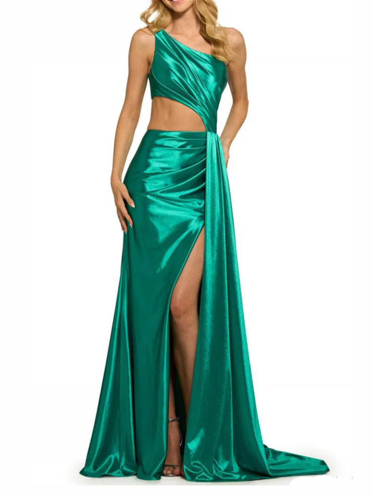 Side slit fishtail/flared off shoulder evening dress