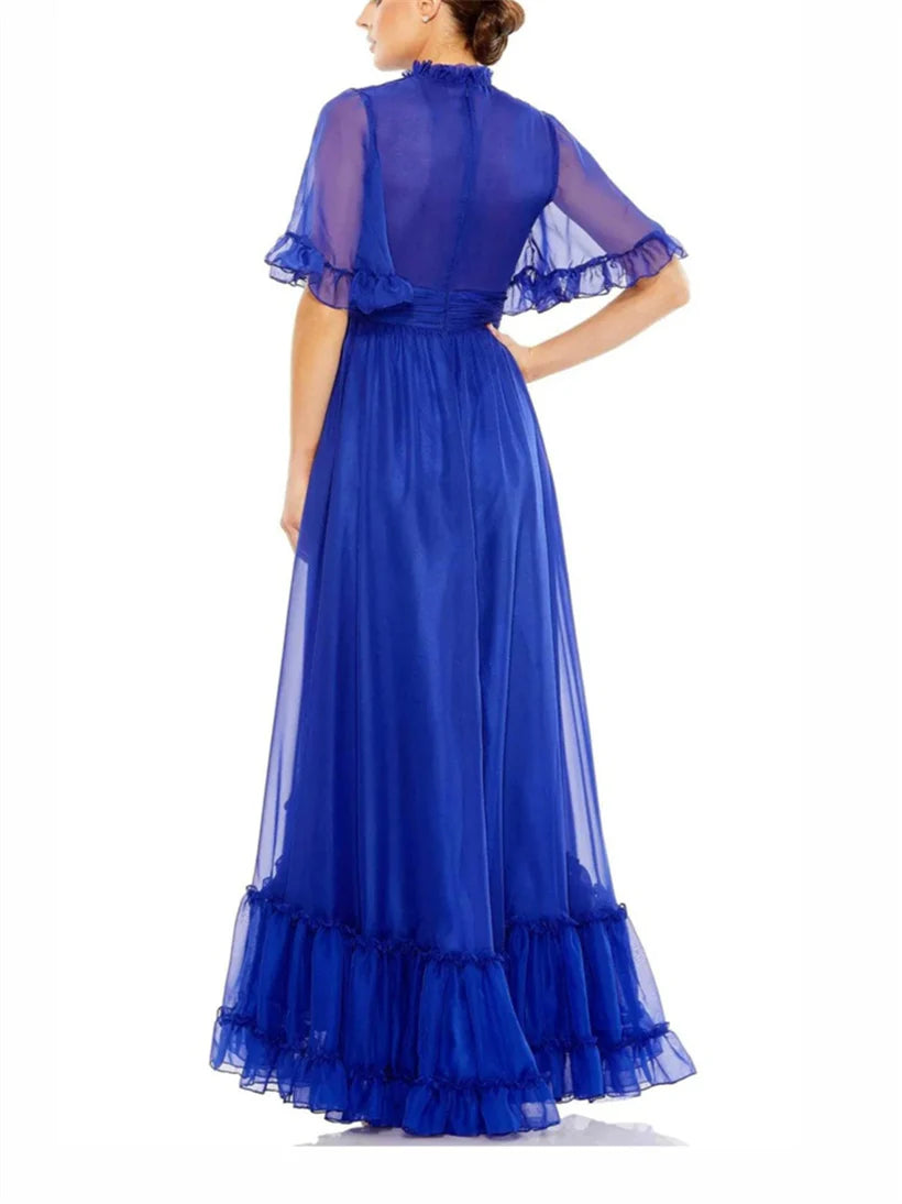 Blue Chiffon Ruffled High Neck Asymmetrical Dress