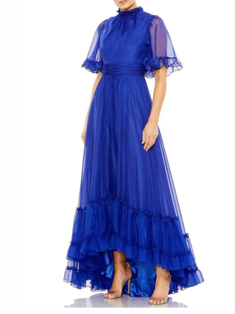 Blue Chiffon Ruffled High Neck Asymmetrical Dress