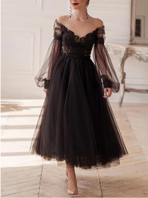 Vestido de noche de corte A/princesa, escote en V, manga larga y hasta el tobillo